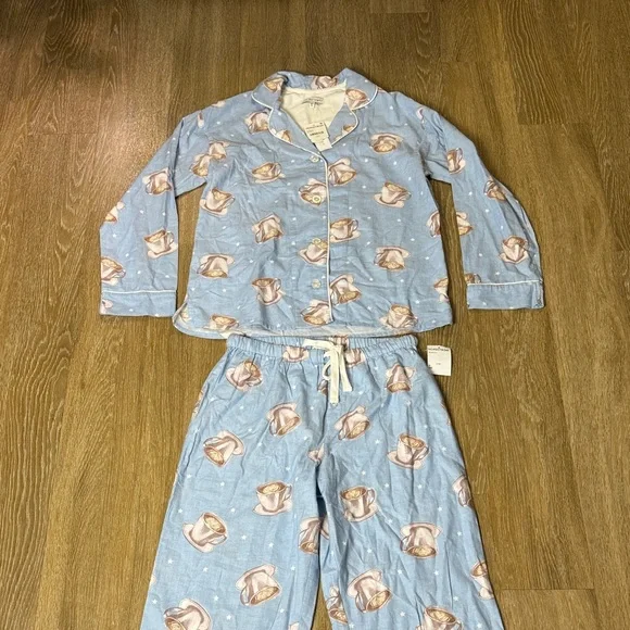 PJ Salvage Flannel Pajama Set Coffee Women Sky Blue Top & Pants size small - Picture 2 of 9